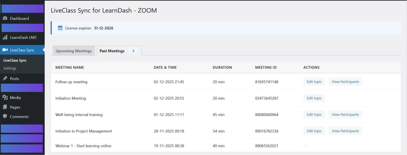 LiveClass Sync - Meetings list