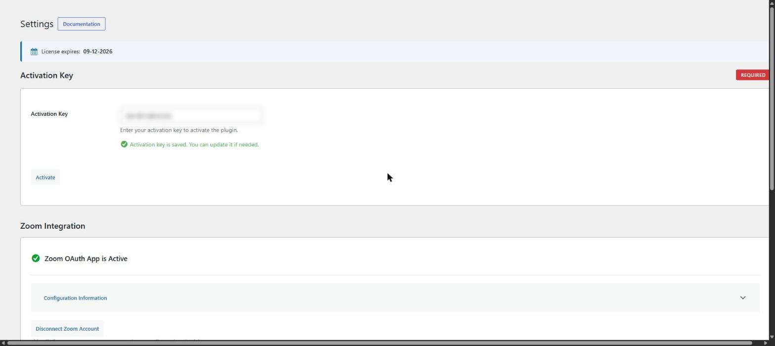 LiveClass Sync settings screen showing the Activation Key field with a saved licence key, a confirmation that the key is saved, and the Zoom Integration section reporting the Zoom OAuth app as active.